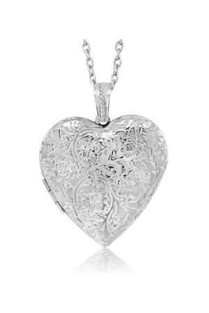 Locket Pendant Necklace Charm 1.5″ Engraved Flowers Heart Shape